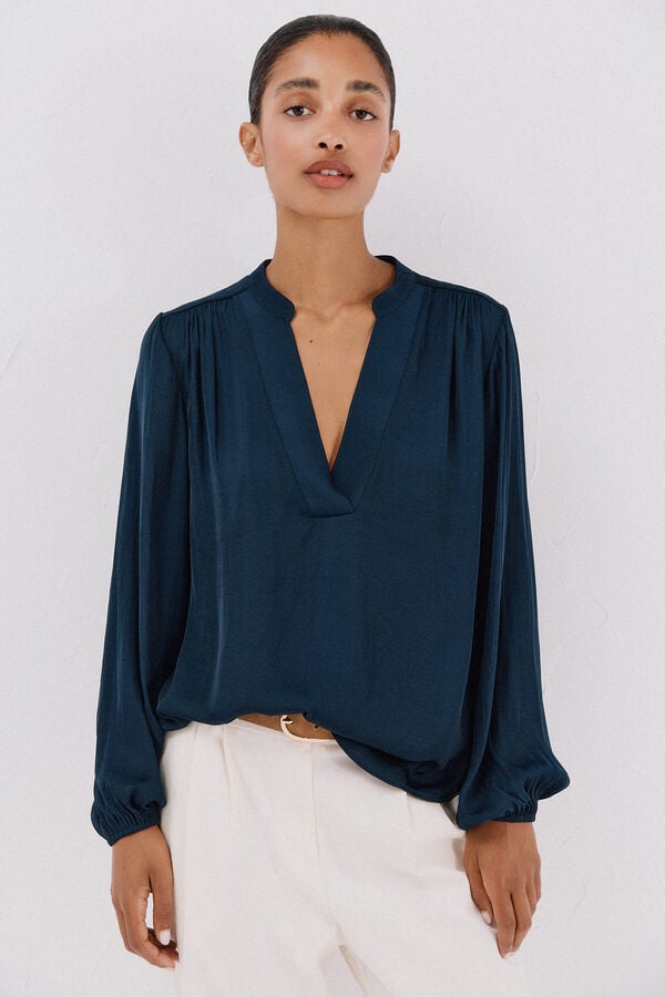 Cortefiel Blusa satinada fluida Azul marino