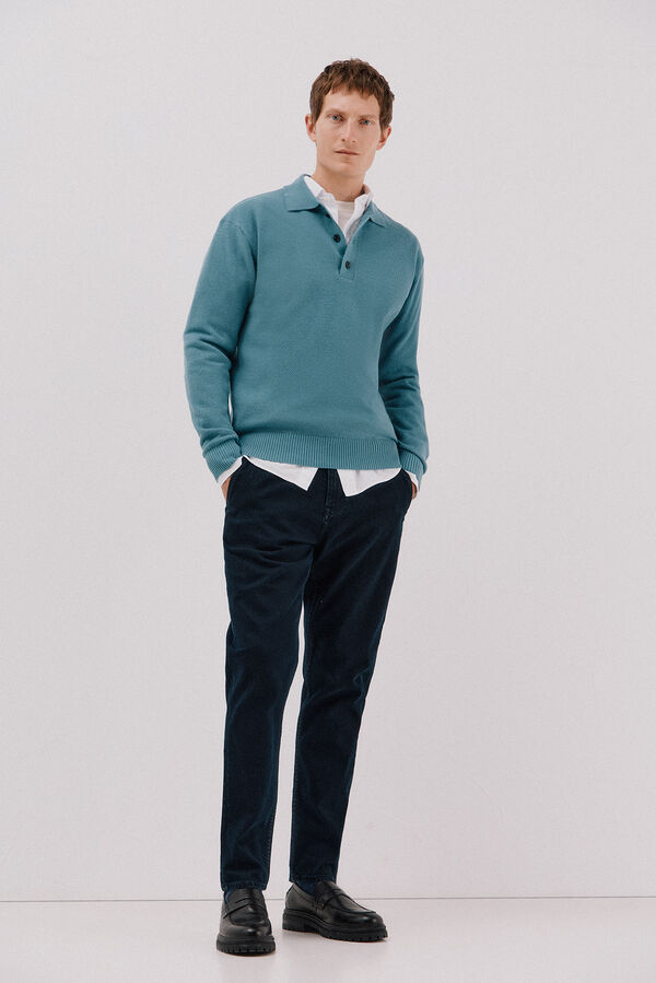 Cortefiel Suéter estruturado de lã com gola polo Azul