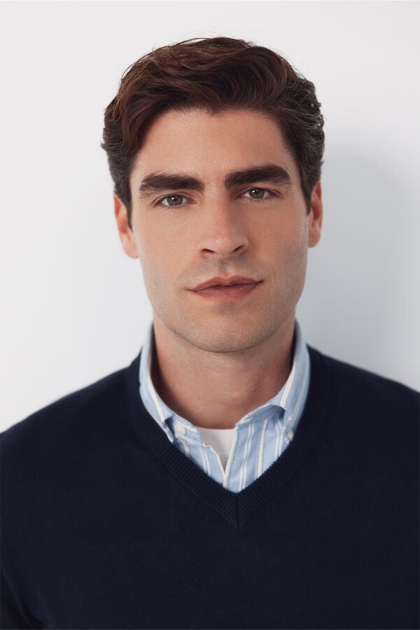 Cortefiel Basic cotton V neck knit jersey-knit Navy