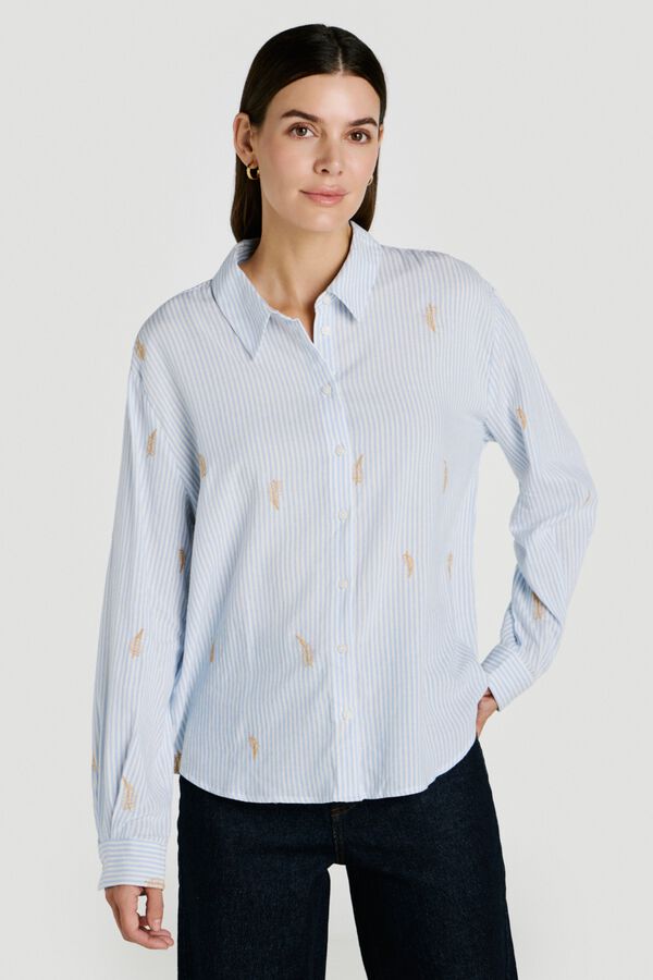 Vila Camisa com bordados de algod&atilde;o e viscose Azul