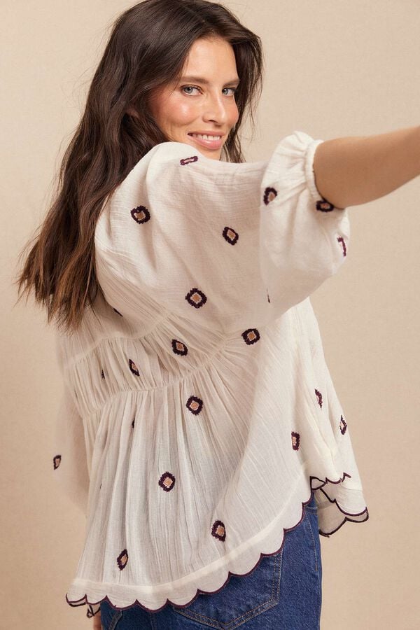 Slowlove Blusa frunces bordados Blanco