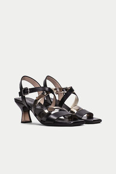 Cortefiel Leather and vinyl heeled sandal Black