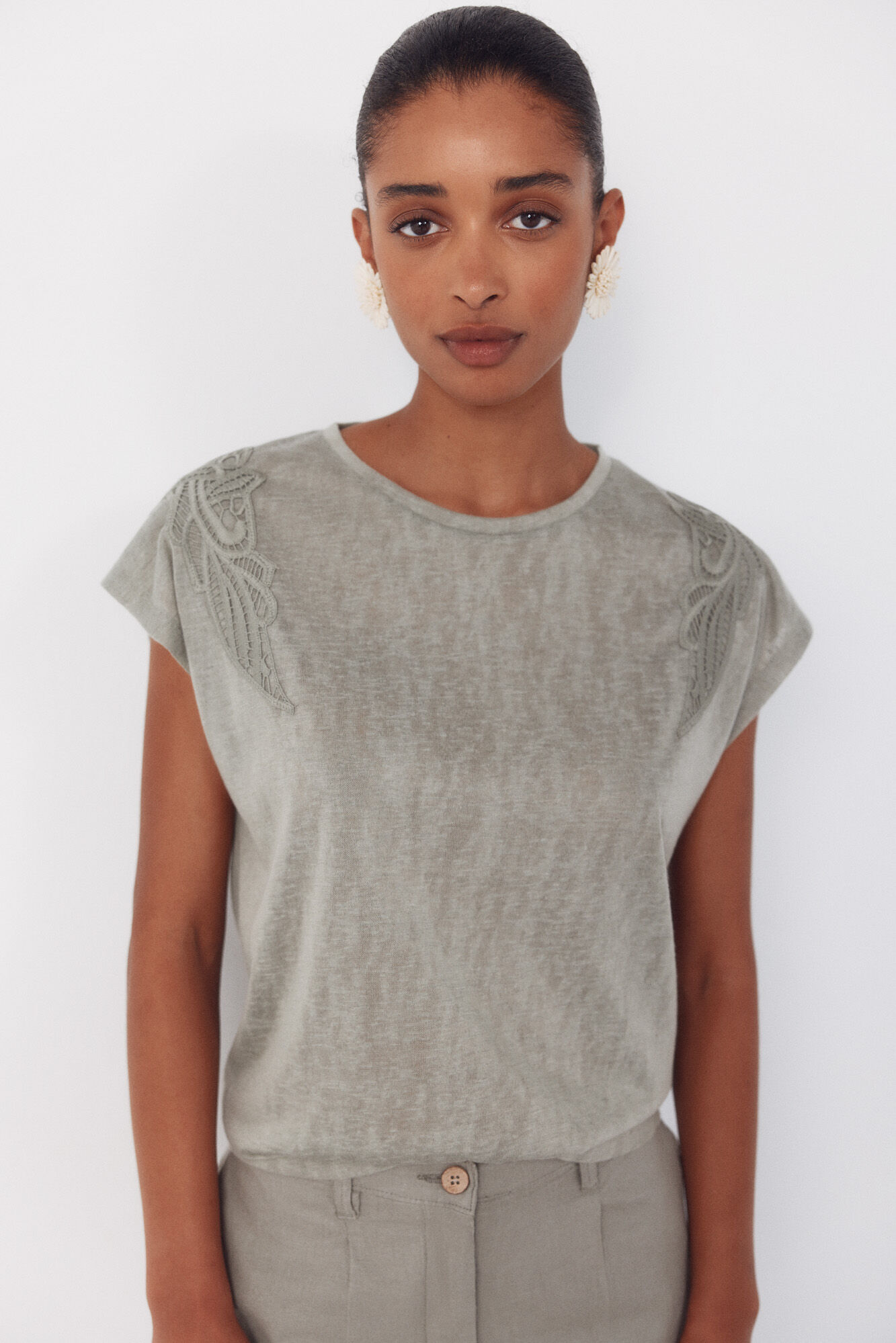 Cortefiel Linen -effect patchwork t-shirt