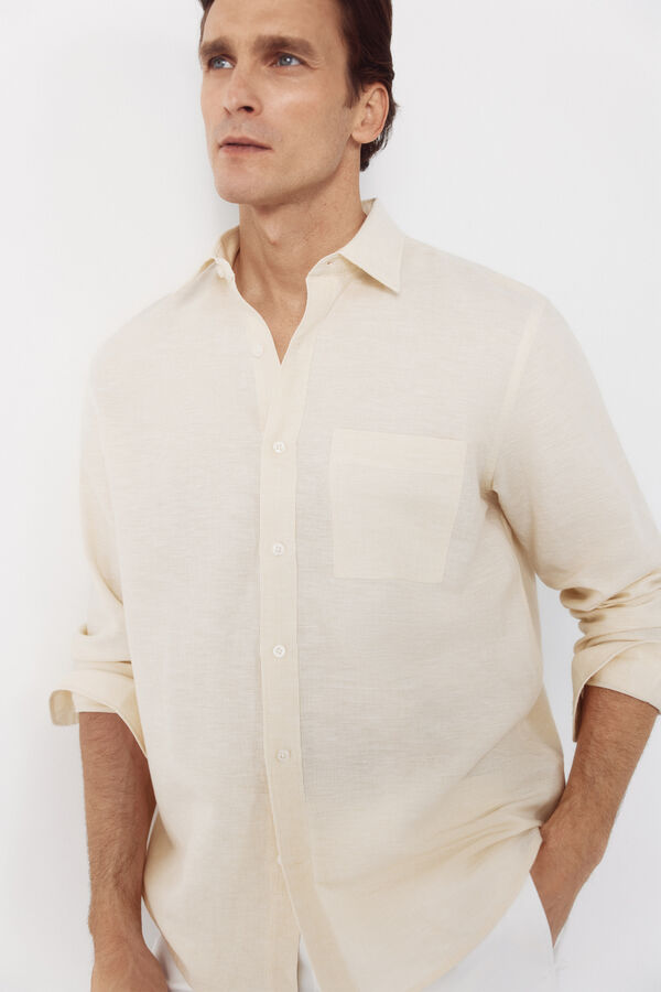 Cortefiel Striped linen cotton shirt Yellow