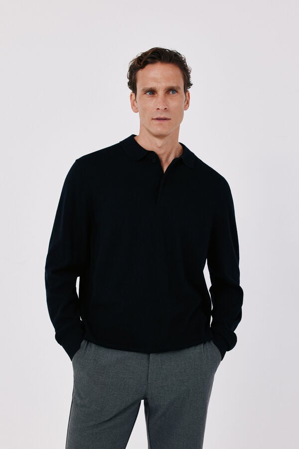 Cortefiel Cotton cashmere knit polo neck jumper Black