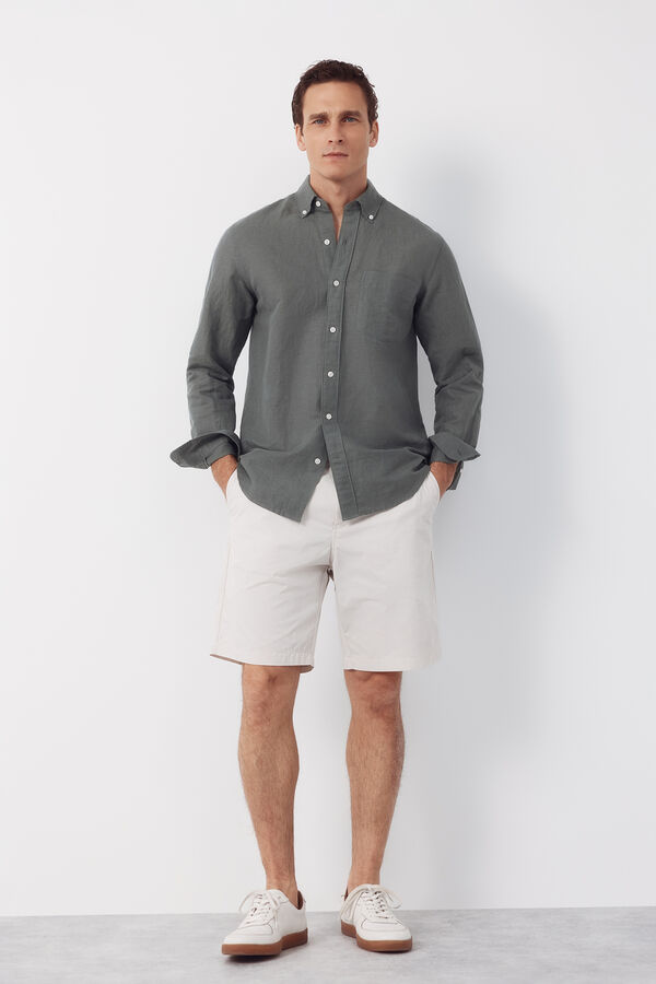 Cortefiel Camisa lino lisa Kaki