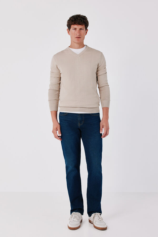 Cortefiel Cotton fine knit V-neck jumper Beige