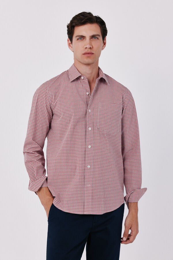 Cortefiel Cotton poplin plaid shirt Red