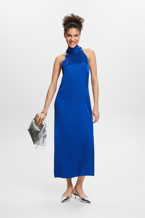 Cortefiel Long satin-finish high neck dress Blue