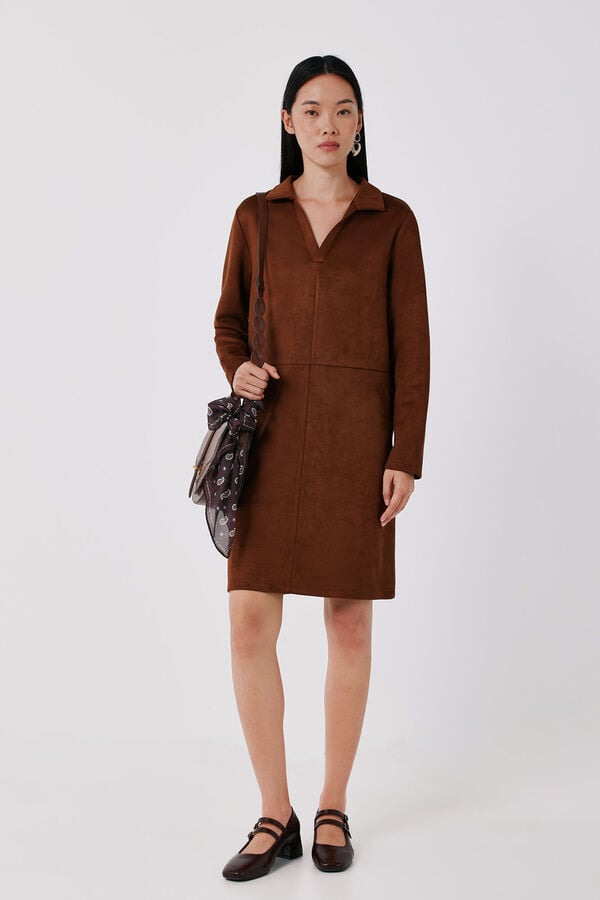 Cortefiel Faux suede polo neck dress Camel