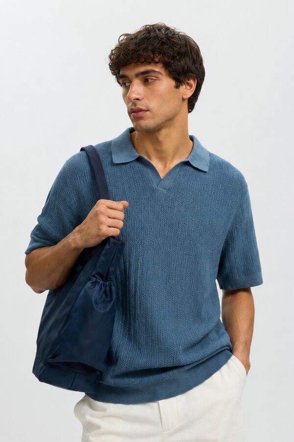 Selected Open-neck knit polo shirt Blue