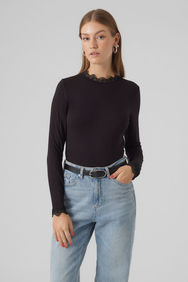 Vero Moda Top de manga comprida com detalhes em renda Preto