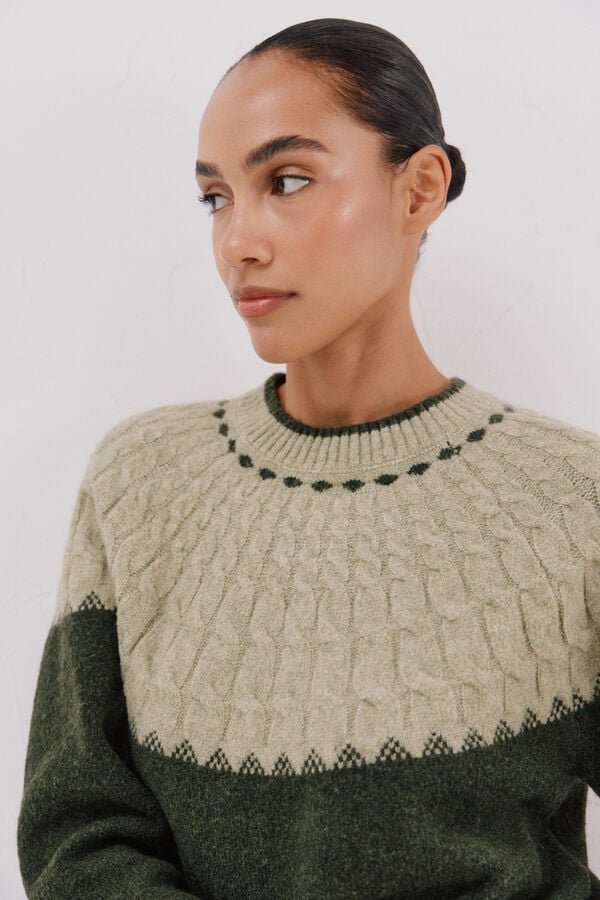 Cortefiel Contrast cross-knit jumper Green