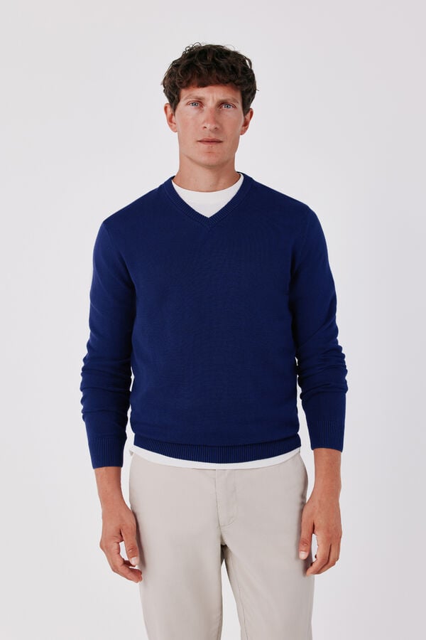 Cortefiel Cotton fine knit V-neck jumper Purple