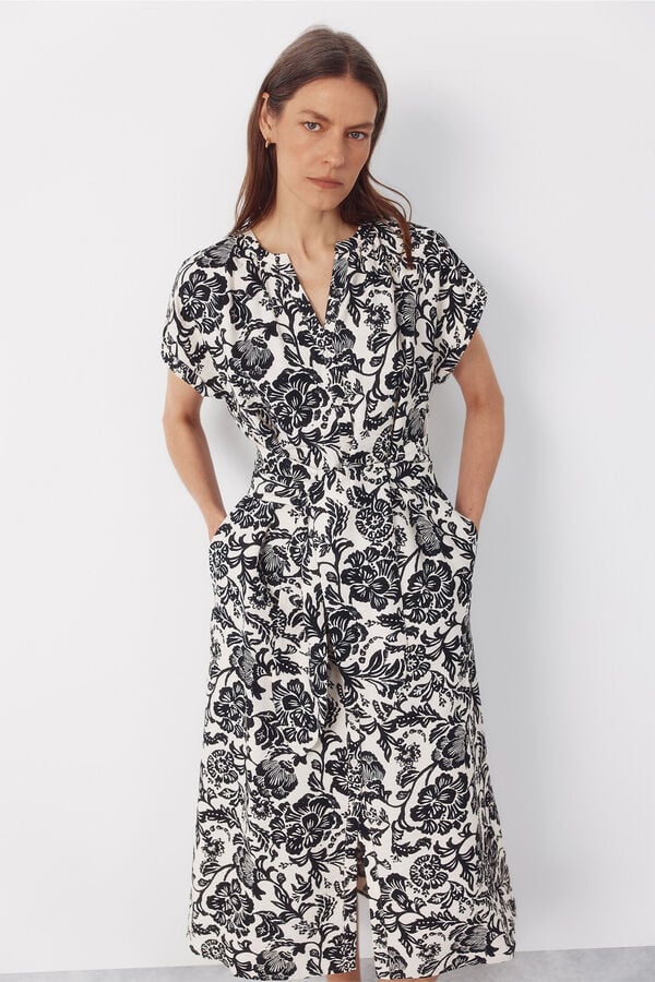 Cortefiel Printed belted dress Printed white