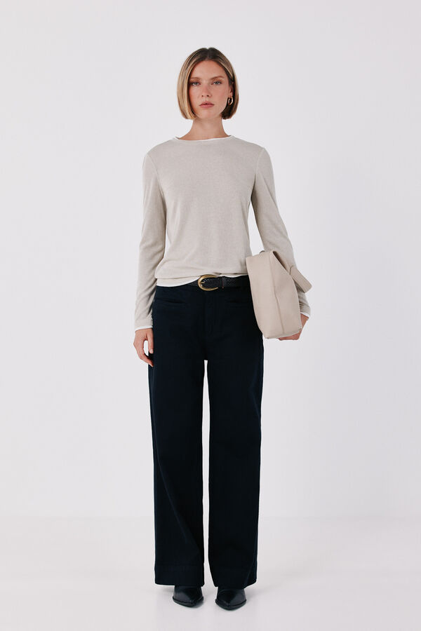 Cortefiel Contrast piping long sleeve T-shirt Nude