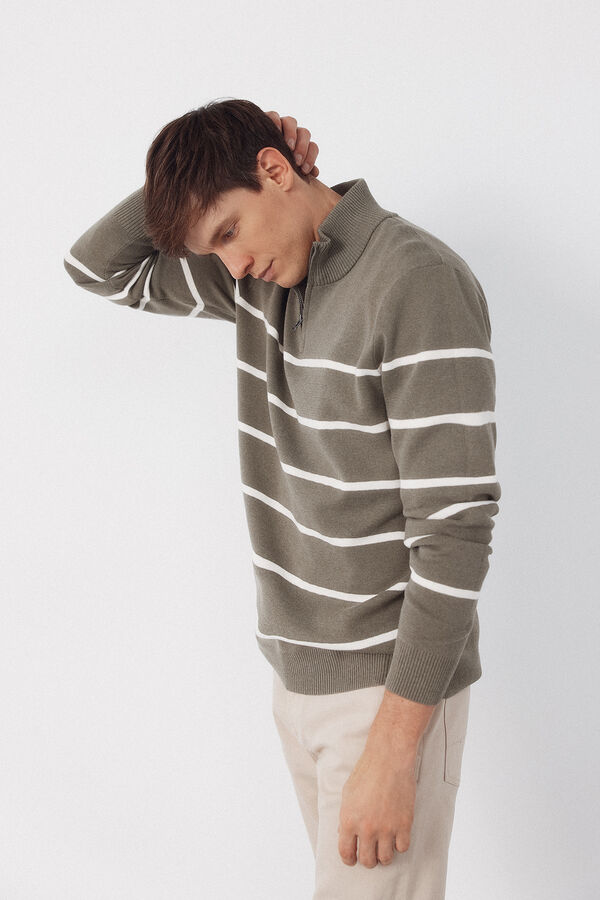 Cortefiel Striped jersey-knit with zip fastening  Kaki