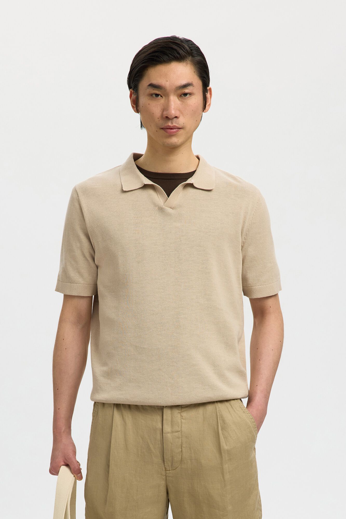 Selected Polo de punto con cuello abierto