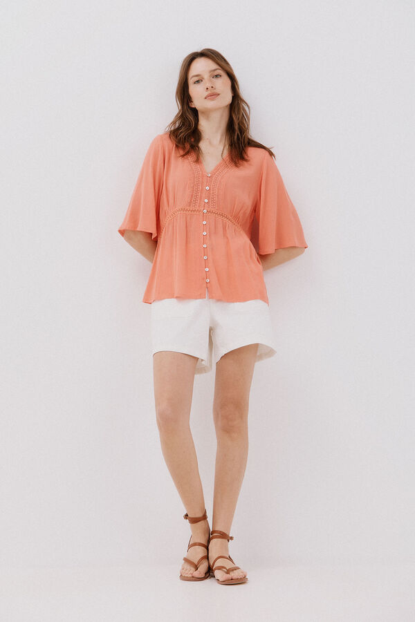 Cortefiel lace blouse with ruffles Coral