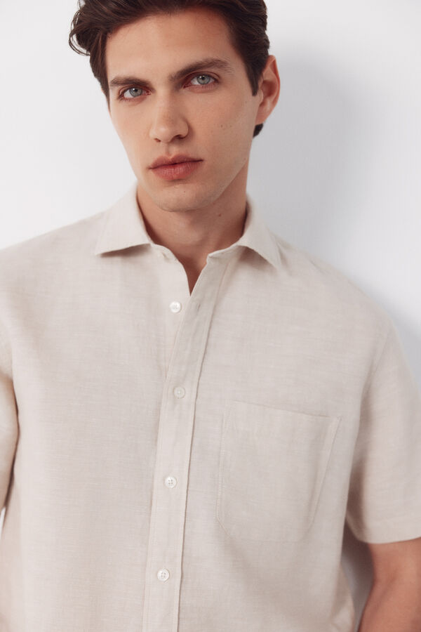 Cortefiel Plain cotton linen short sleeve shirt Beige