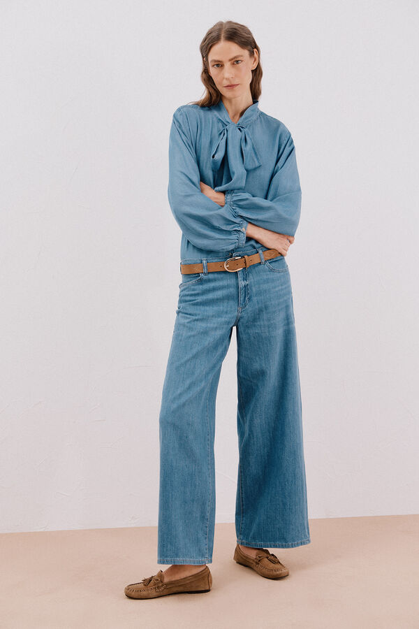 Cortefiel Denim shirt with bow or tie Blue