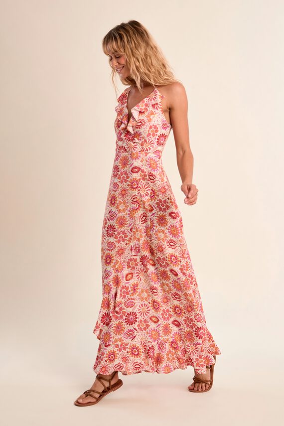 Vestido largo de tirantes con estampado y volantes