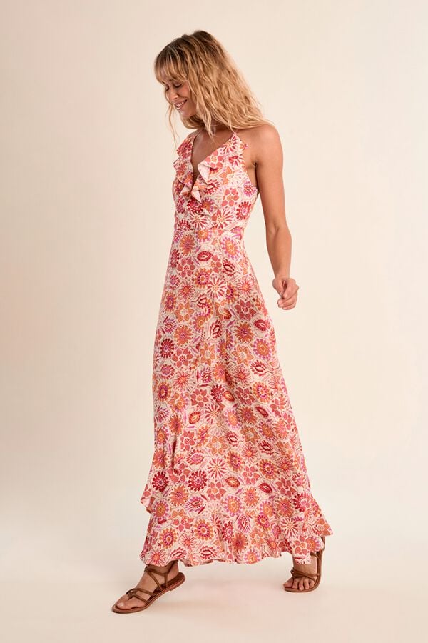 Molly Bracken Vestido comprido de al&ccedil;as estampado com folhos Laranja