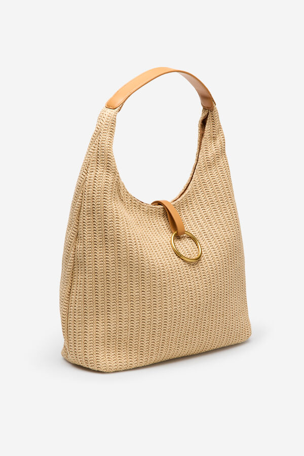 Cortefiel Raffia ring hobo bag Nude