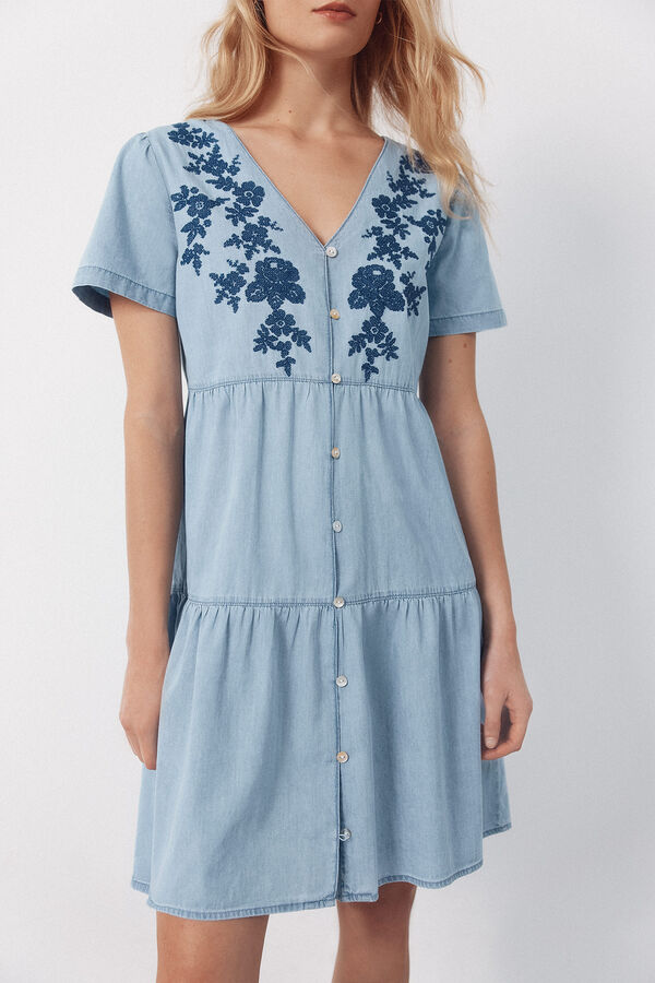 Cortefiel Embroidered denim dress Blue