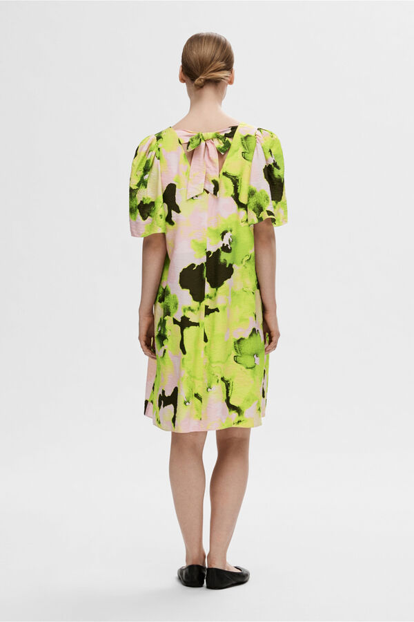Cortefiel Short printed dress in Ecovero viscose with slit and tie at the back.  Green