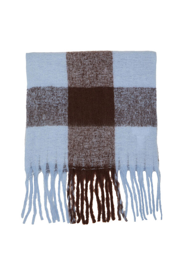 Cortefiel Checked wool scarf with fringing. Blue