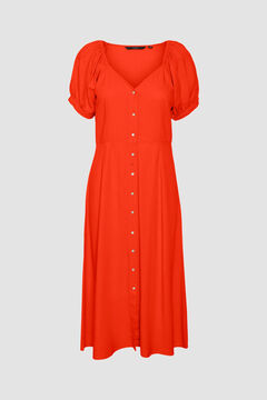 Cortefiel Short-sleeved midi linen dress Red