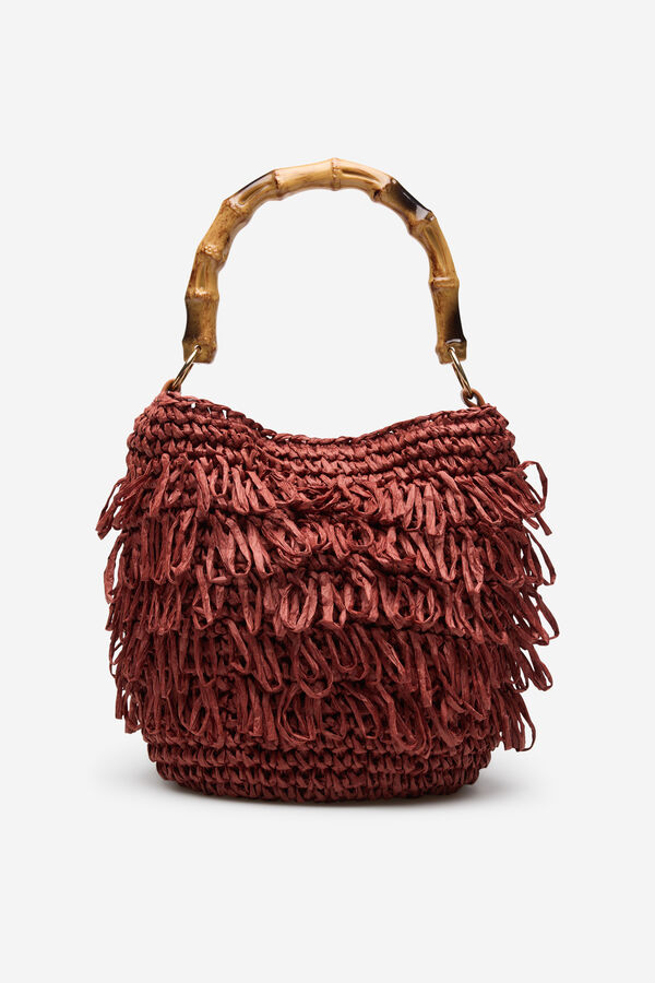 Cortefiel Raffia fringed handbag Brown