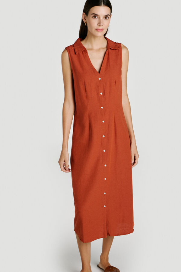 Vila Vestido midi camiseiro de linho Vermelho