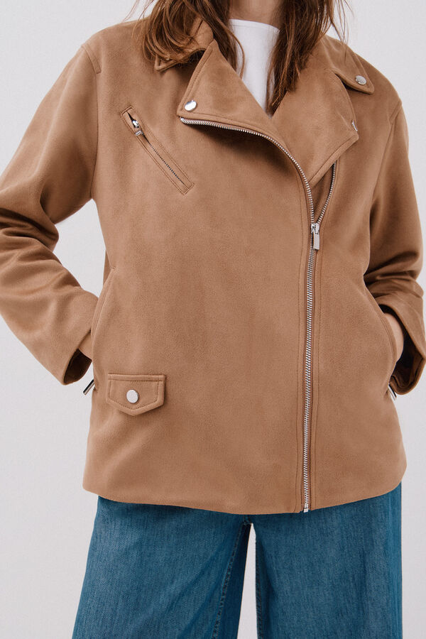 Cortefiel Faux suede biker jacket Beige