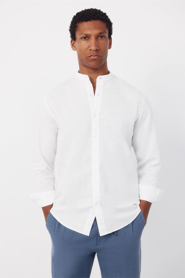 Cortefiel Plain linen cotton mandarin collar shirt White