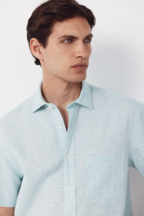 Cortefiel Checked cotton linen short sleeve shirt Green