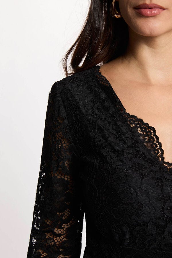 Morgan Body de renda com decote em bico Preto