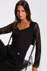 Morgan Sweetheart neck lace T-shirt Black