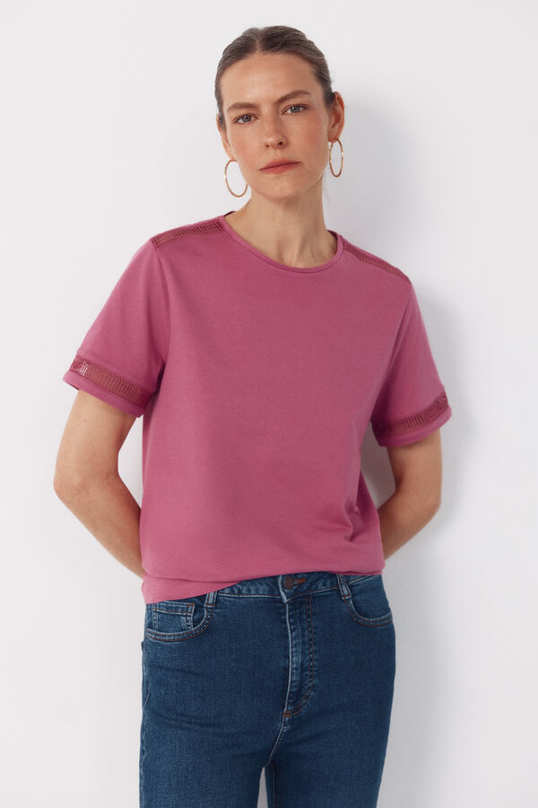 Cortefiel Hemstitch detail t-shirt Fuchsia