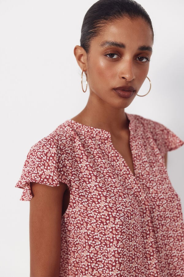 Cortefiel Fluid flutter sleeve blouse Printed red