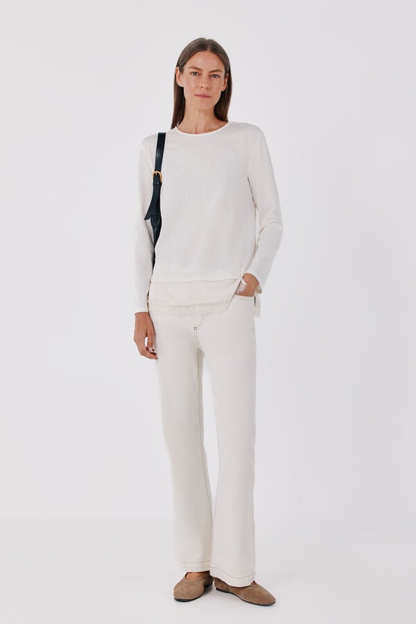 Cortefiel Plain hem T-shirt with lace detail Ivory