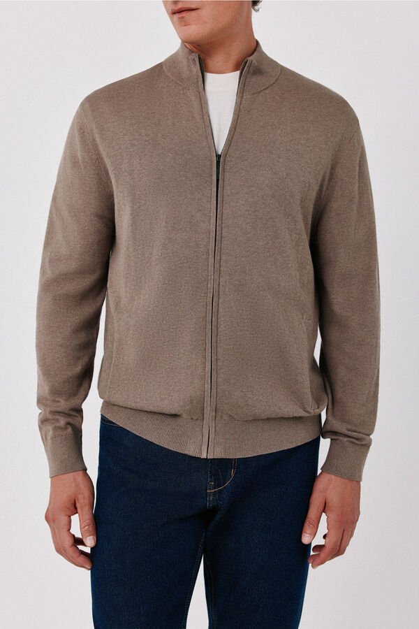 Cortefiel Cotton cashmere knit zip fastening cardigan Beige