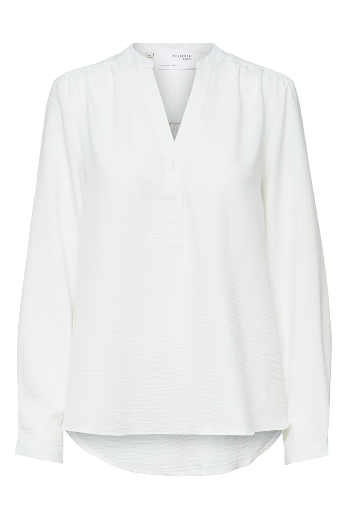 Selected Blusa fluida com decote em bico confecionada com materiais reciclados.