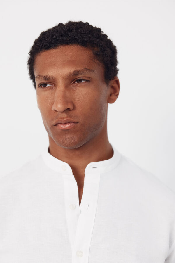Cortefiel Plain linen cotton mandarin collar shirt White