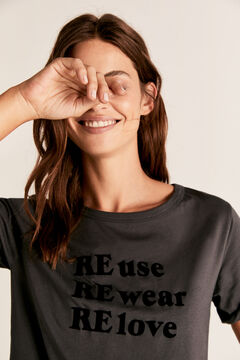 Cortefiel Flocked slogan boat neck t-shirt Dark gray