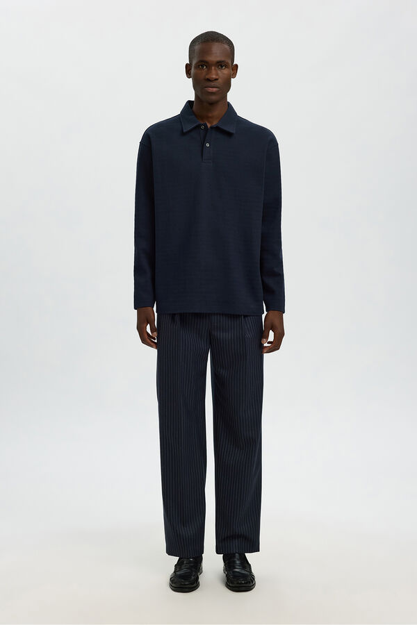 Selected Camisa polo jacquard de manga comprida , 100% algodão orgânico Azul