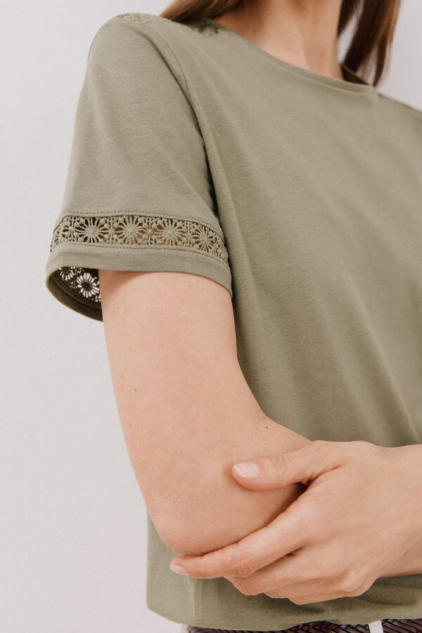 Cortefiel Hemstitch detail t-shirt Kaki