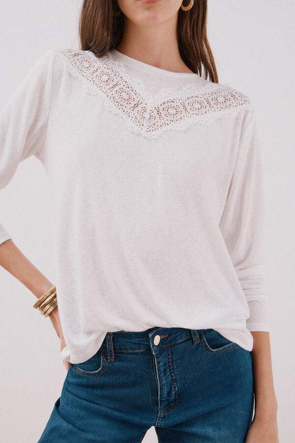 Cortefiel Camiseta detalle encaje floral Blanco