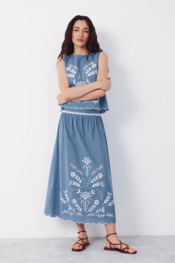 Cortefiel Embroidered skirt Blue